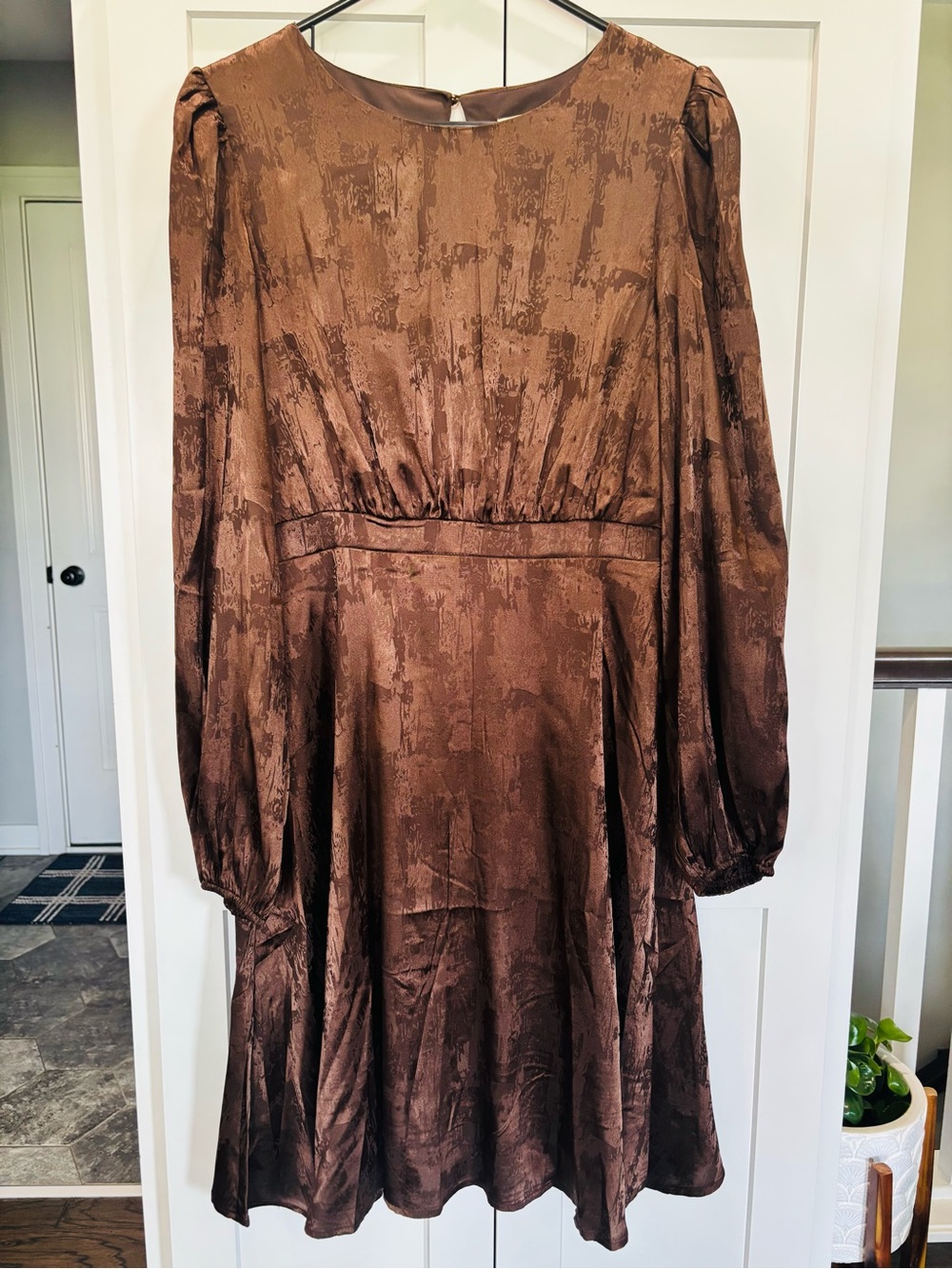 Ott Elegant Long-Sleeve Chocolate Brown Satin Dress